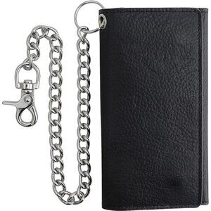 Men's Tri-fold Long Style Cowhide Leather Steel Chain Wallet